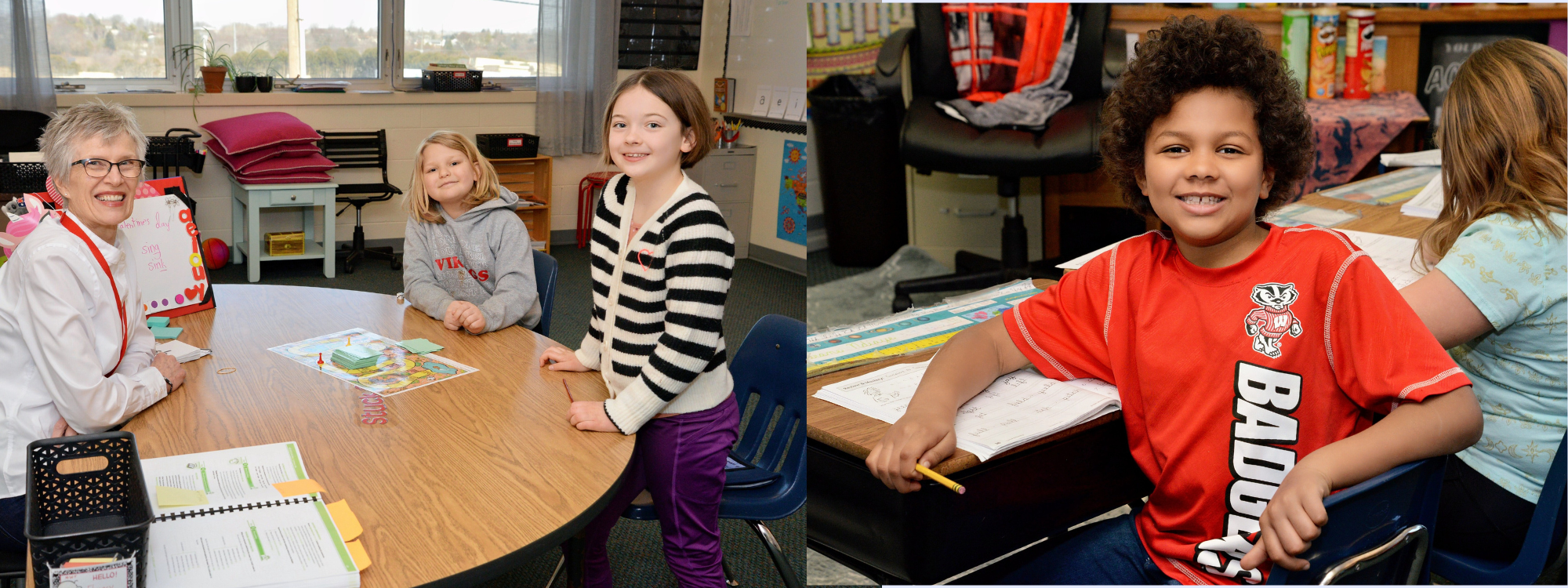 Left side - two girls sit across from a teacher; Right side - boy smiling at camera