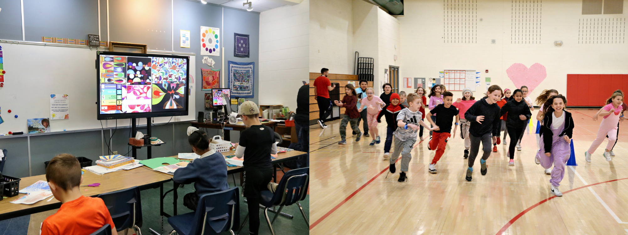 Left side - 3 students work in art class; Right side - a class runs in the gym