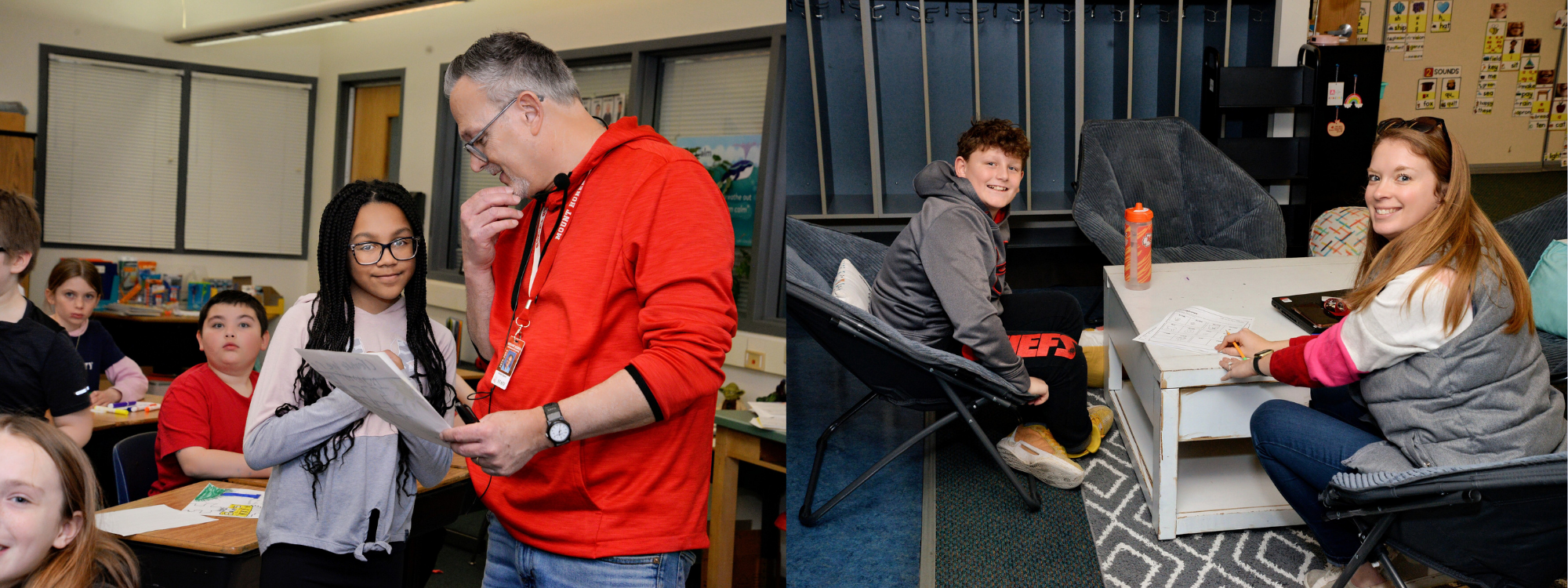 Left side - a teacher talks with a student; Right side - a teacher and student smile