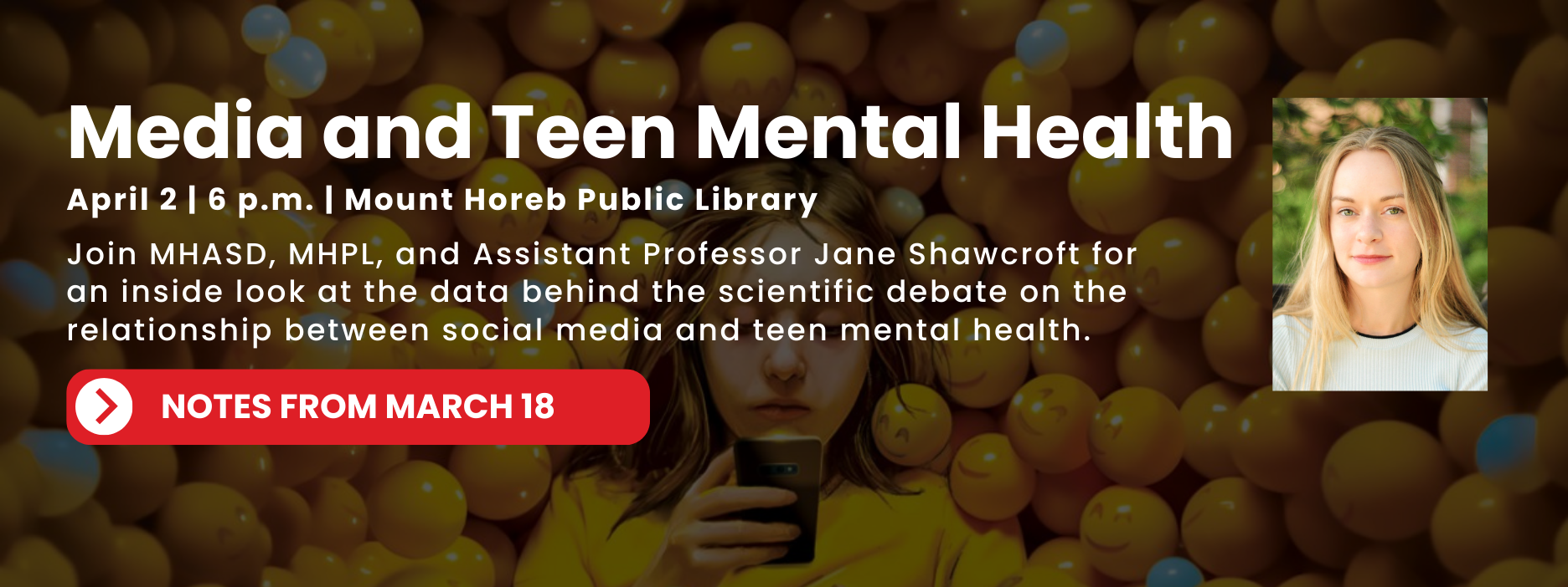 Media and Teen Mental Health Discussion on April 2 at 6 p.m. at the Mount Horeb Public Library